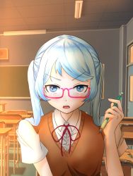 Rule 34 | 1girl, alternate costume, arm up, bespectacled, blue eyes, blue hair, blush, brown sweater vest, chalkboard, classroom, commentary request, desk, furrowed brow, glasses, hatsune miku, holding, holding pencil, indoors, light blue hair, light blush, looking at viewer, mechanical pencil, neck ribbon, open mouth, pencil, red-framed eyewear, red ribbon, ribbon, sayaka (makiasanww), school desk, school uniform, shirt, short hair, short sleeves, solo, sweater vest, teeth, twilight, twintails, upper body, upper teeth only, vocaloid, white shirt