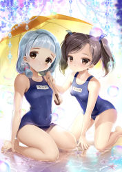 Rule 34 | 2girls, absurdres, aqua hair, bad id, bad pixiv id, bare shoulders, barefoot, blush, breasts, brown eyes, brown hair, bubble, collarbone, female focus, gradient background, highres, kneeling, legs, long hair, looking at viewer, multiple girls, school swimsuit, short hair, siloteddy, sitting, small breasts, swimsuit, tears, twintails, umbrella, water, white background