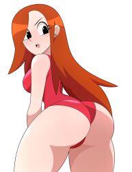 Rule 34 | 1girl, absurdres, abysswatchers, ass, black eyes, blush, breasts, commentary, earrings, freckles, from behind, gravity falls, highres, jewelry, lifeguard, long hair, looking at viewer, medium breasts, official alternate costume, one-piece swimsuit, open mouth, red hair, red one-piece swimsuit, solo, swimsuit, teeth, thighs, toon (style), upper teeth only, wendy corduroy