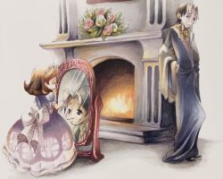 Rule 34 | 1boy, 1girl, back bow, bow, bowtie, brown hair, cedric (disney), dress, fire, fireplace, frown, homare0801, light smile, looking at mirror, marker (medium), mirror, multicolored hair, princess, princess dress, purple dress, purple robe, robe, sofia (disney), sofia the first, tiara, traditional media, two-tone hair