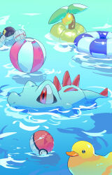Rule 34 | absurdres, afloat, ball, beachball, commentary request, creatures (company), game freak, gen 2 pokemon, highres, innertube, nintendo, no humans, outdoors, poke ball, poke ball (basic), pokemon, pokemon (creature), red eyes, rubber duck, swim ring, totodile, valentine (02140314c), water
