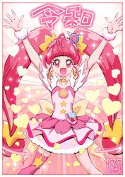 Rule 34 | 1girl, :d, ahoge, arms up, blunt bangs, choker, cure star, dress, earrings, fur cuffs, hair ornament, heart, hoop earrings, hoshina hikaru, jewelry, kamikita futago, long hair, looking at viewer, magical girl, open mouth, petticoat, pink choker, pink dress, pink eyes, pink hair, pink theme, pink thighhighs, planet hair ornament, pouch, precure, short dress, single thighhigh, smile, solo, standing, star (symbol), star choker, star hair ornament, star twinkle precure, thighhighs, twintails, very long hair, wrist cuffs