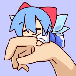 Rule 34 | 1girl, :3, blue background, blue hair, bow, cirno, closed eyes, hair bow, ice, ice wings, kakinoki mikan (kari), mini person, minigirl, red bow, short hair, short sleeves, simple background, solo focus, touhou, wings
