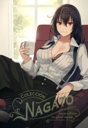 Rule 34 | 1girl, alternate costume, black footwear, black hair, black pants, boots, breasts, brown eyes, buttons, cleavage, closed mouth, collarbone, collared shirt, cover image, cup, hair between eyes, high heel boots, high heels, highres, holding, holding cup, kantai collection, kasumi (skchkko), long hair, long sleeves, looking at viewer, nagato (kancolle), pants, revision, shirt, sitting, smile, solo, white shirt, window