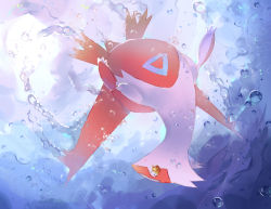 Rule 34 | blue background, bubble, claws, closed mouth, creatures (company), dragon, from below, full body, game freak, gen 3 pokemon, latias, legendary pokemon, looking at viewer, nagakura (seven walkers), nintendo, no humans, pokemon, pokemon (creature), solo, underwater, upside-down, yellow eyes