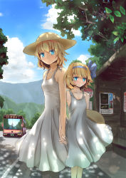 Rule 34 | 2girls, aged down, alice margatroid, alice margatroid (pc-98), alternate costume, bare shoulders, blonde hair, blue eyes, bus, bus stop, child, contemporary, culter, dress, dual persona, female focus, hair ribbon, hairband, hat, highres, holding hands, interlocked fingers, motor vehicle, multiple girls, ribbon, short hair, straw hat, sundress, touhou, touhou (pc-98), vehicle, white dress