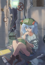 Rule 34 | 1girl, alternate costume, ankle boots, azure (ajuleu), blue dress, blue eyes, blue hair, blush, book, boots, brown footwear, capsule, dress, flat cap, full body, hair bobbles, hair ornament, hat, kawashiro nitori, knees up, crossed legs, long sleeves, machinery, matching hair/eyes, off shoulder, open book, overalls, pocket, reading, shirt, sitting, solo, strap slip, touhou, twintails, two side up, valve