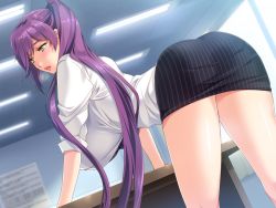 Rule 34 | 1girl, ass, bent over, blush, breasts, day, formal, from behind, game cg, huge breasts, indoors, legs, light, long hair, looking away, miniskirt, mochizuki nozomu, ootori nanao, original, parted lips, ponytail, purple hair, saimin class wonderful, skirt, sleeves rolled up, solo, suit, sunlight, table, thighs, very long hair, yellow eyes