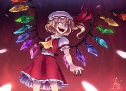 Rule 34 | 1girl, artist name, ascot, blonde hair, collared shirt, commentary, cowboy shot, crazy eyes, crystal, english commentary, fingernails, flandre scarlet, frilled shirt collar, frilled skirt, frilled sleeves, frills, glowing, glowing wings, hat, hat ribbon, highres, invisiblepie (kalinel), long fingernails, medium hair, mob cap, multicolored wings, nail polish, one side up, open mouth, puffy short sleeves, puffy sleeves, red background, red nails, red ribbon, red skirt, red vest, redrawn, ribbon, sharp fingernails, shirt, short sleeves, skirt, skirt set, sleeve ribbon, solo, teeth, touhou, upper teeth only, vest, white hat, white shirt, wings, yellow ascot