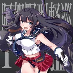 Rule 34 | 1girl, 547th sy, agano (kancolle), anchor symbol, asymmetrical legwear, black hair, black panties, black sailor collar, breasts, commentary request, cowboy shot, garter straps, gloves, grey background, highres, kantai collection, large breasts, long hair, looking at viewer, machinery, midriff, open mouth, panties, pleated skirt, red skirt, running, sailor collar, school uniform, serafuku, skirt, solo, underwear, uneven legwear, wall of text, white gloves