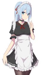 Rule 34 | 1girl, apron, black choker, black pantyhose, blue eyes, blue hair, blush, breasts, choker, collarbone, commentary request, elfenlied22, frills, hair between eyes, hair ribbon, highres, long hair, looking at viewer, maid, maid apron, maid headdress, medium breasts, original, pantyhose, ponytail, red ribbon, ribbon, short sleeves, simple background, smile, solo, standing, white background
