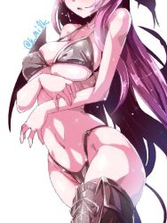 Rule 34 | 1girl, bare shoulders, breasts, cleavage, female focus, head out of frame, koakuma, large breasts, long hair, miuku (marine sapphire), panties, simple background, solo, touhou, underwear, very long hair, white background