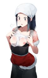 Rule 34 | 1girl, puff of air, absurdres, akari (pokemon), bandaged chest, black hair, black pants, breasts, breasts out, bright pupils, commentary, creatures (company), game freak, grey eyes, hands up, head scarf, highres, jacket, keiz, long hair, nintendo, nipples, open mouth, pants, pokemon, pokemon legends: arceus, sash, short sleeves, sidelocks, simple background, solo, steam, white background, white headwear