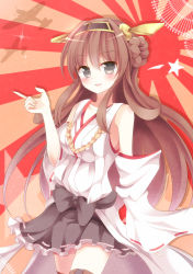 Rule 34 | 10s, 1girl, aibumi, bad id, bad pixiv id, bare shoulders, blush, boots, brown hair, detached sleeves, double bun, hair ornament, hairband, headgear, highres, japanese clothes, kantai collection, kongou (kancolle), long hair, looking at viewer, open mouth, pen-zin, personification, rising sun flag, skirt, smile, solo, sunburst, thigh boots, thighhighs, wide sleeves, zettai ryouiki