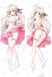 Rule 34 | 1girl, ahoge, alternate costume, asymmetrical legwear, backless dress, backless outfit, barefoot, bed sheet, black ribbon, breasts, brown eyes, cameltoe, cleavage, clothes lift, dakimakura (medium), dress, dress lift, floating hair, flower, frilled dress, frills, from above, full body, hair between eyes, hair flower, hair ornament, hair ribbon, highres, kasugano sora, lifted by self, long hair, looking at viewer, lying, on back, on stomach, panties, pink flower, ribbon, shoulder blades, silver hair, single thighhigh, sleeveless, sleeveless dress, small breasts, strapless, strapless dress, summer-d (dodojune), thigh strap, thighhighs, underwear, uneven legwear, variations, very long hair, wedding dress, white dress, white panties, white thighhighs, wrist cuffs, yosuga no sora