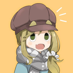 Rule 34 | 1girl, :d, blonde hair, blush, brown headwear, chibi, commentary request, double-parted bangs, eyes visible through hair, fang, green eyes, grey scarf, hair between eyes, hair ornament, hair scrunchie, highres, inuyama aoi, long hair, notice lines, open mouth, partial commentary, rolling eyes, scarf, scrunchie, short eyebrows, side ponytail, sidelocks, simple background, smile, solo, thick eyebrows, tonkotsu frappuccino, white scrunchie, yellow background, yurucamp