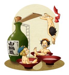 Rule 34 | 3boys, alcohol, blonde hair, bottle, brothers, chibi, diving, diving board, male focus, monkey d. luffy, multiple boys, nude, nudist, one piece, portgas d. ace, puniatta, sabo (one piece), sake, siblings, skinny dipping, smile, swimming, towel, aged down, zenra