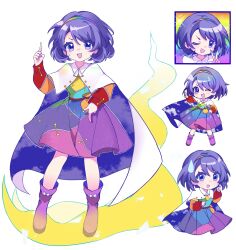Rule 34 | 1girl, blue eyes, blue hair, boots, cloak, dress, enokishima, hairband, highres, index fingers raised, long sleeves, multicolored clothes, multicolored dress, multicolored hairband, multiple views, one eye closed, open mouth, purple footwear, rainbow gradient, short hair, simple background, sky print, smile, sweatdrop, tenkyuu chimata, touhou, white background, white cloak