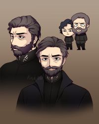 Rule 34 | &lt;o&gt; &lt;o&gt;, 2boys, :&lt;, beard, black coat, black eyes, black hair, black pants, black shirt, brown background, brown hair, chibi, closed mouth, coat, commentary request, dune (2021 movie), dune (series), facial hair, father and son, highres, kim rodel, korean commentary, leto atreides, looking at viewer, multiple boys, multiple views, pants, paul atreides, shirt, short hair, smile, upper body