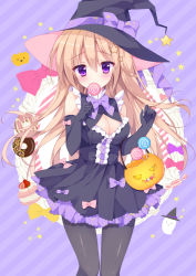 Rule 34 | 1girl, bad id, bad pixiv id, bag, bare shoulders, black dress, black gloves, black hat, black pantyhose, blonde hair, blush, bow, breasts, candy, cleavage, cleavage cutout, clothing cutout, commentary request, covering own mouth, cowboy shot, doughnut, dress, elbow gloves, food, frilled dress, frills, ghost, gloves, hair between eyes, hair ornament, halloween, hat, hat bow, head tilt, holding, holding food, izuminanase, jack-o&#039;-lantern, lollipop, long hair, looking at viewer, medium breasts, original, pantyhose, pumpkin bag, purple background, purple eyes, purple neckwear, sleeveless, sleeveless dress, solo, standing, star (symbol), star hair ornament, striped, striped background, tareme, very long hair, witch, witch hat