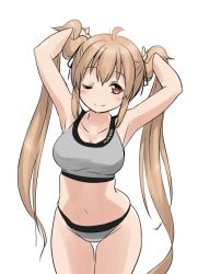 Rule 34 | 1girl, bra, breasts, character name, commentary request, cowboy shot, grey bra, grey panties, holding, holding hair, kantai collection, leaning forward, long hair, looking at viewer, medium breasts, murasame (kancolle), panties, simple background, smile, solo, standing, tamu (mad works), thigh gap, underwear, underwear only, white background