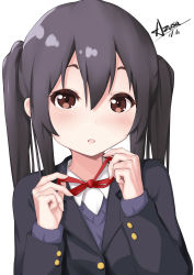Rule 34 | 1girl, absurdres, adjusting neckwear, black hair, black jacket, blazer, blush, brown eyes, character name, collared shirt, commentary, hair between eyes, hands up, highres, jacket, k-on!, long hair, long sleeves, looking at viewer, nakano azusa, neck ribbon, open mouth, pear sauce, red ribbon, ribbon, sakuragaoka high school uniform, school uniform, shirt, signature, simple background, solo, twintails, upper body, white background, white shirt