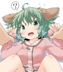 Rule 34 | 1girl, :d, ?, ahoge, animal ears, arm grab, dog ears, fang, green eyes, green hair, holding another&#039;s wrist, jpeg artifacts, kasodani kyouko, legs apart, looking at viewer, natsu no koucha, open mouth, pov, shirt, short hair, simple background, smile, solo focus, spoken question mark, sweat, touhou, white background