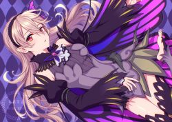 Rule 34 | 1girl, alternate costume, barefoot, black hairband, black sleeves, black thighhighs, blonde hair, breasts, butterfly wings, collar, commentary request, corrin (female) (fire emblem), corrin (fire emblem), detached sleeves, dress, eyelashes, feet, fire emblem, fire emblem fates, foot out of frame, foot up, frilled collar, frills, hair between eyes, hairband, hiyori (rindou66), insect wings, long hair, lying, medium breasts, nintendo, on side, open mouth, pointy ears, purple dress, purple wings, red eyes, shadow, shiny skin, short dress, sidelocks, slit pupils, solo, swept bangs, thighhighs, thighs, toes, watermark, wings