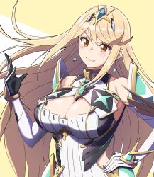 Rule 34 | 1girl, bare shoulders, blonde hair, breasts, chest jewel, cleavage, dress, earrings, elbow gloves, gloves, headpiece, highres, jewelry, large breasts, long hair, mythra (xenoblade), smile, solo, swept bangs, tiara, upper body, very long hair, xenoblade chronicles (series), xenoblade chronicles 2, yamada hatsune, yellow eyes