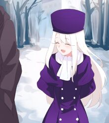 Rule 34 | 1girl, absurdres, arms behind back, blush, buttons, capelet, closed eyes, commentary, dress, fate/stay night, fate (series), hand in pocket, hat, highres, illyasviel von einzbern, long hair, long sleeves, open mouth, out of frame, outdoors, pocket, purple capelet, purple dress, purple headwear, riya (01214), scarf, smile, snow, tree, white hair, white scarf