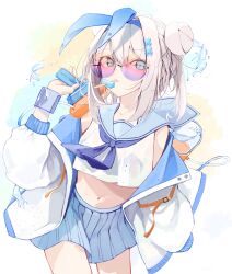 Rule 34 | 1girl, absurdres, blue eyes, blue hairband, blue neckerchief, blue ribbon, blue sailor collar, blue skirt, commentary request, crop top, double bun, food, food in mouth, grey eyes, grey hair, hair bun, hair intakes, hair ribbon, hairband, hand up, highres, holding, jacket, long sleeves, looking at viewer, mayogii, midriff, mouth hold, navel, neckerchief, off shoulder, open clothes, open jacket, original, pleated skirt, popsicle, puffy long sleeves, puffy sleeves, purple-tinted eyewear, ribbon, round eyewear, sailor collar, school uniform, see-through, serafuku, shirt, skirt, sleeveless, sleeveless shirt, solo, sunglasses, tinted eyewear, water, water gun, white jacket, white shirt, wrist cuffs