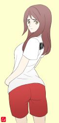 Rule 34 | 1girl, ass, brown eyes, brown hair, chris re5, closed mouth, clothes writing, cowboy shot, devilman, devilman crybaby, eyebrows, frown, highres, kuroda miki, long hair, looking back, matching hair/eyes, shirt, shorts, simple background, solo, white shirt, yellow background