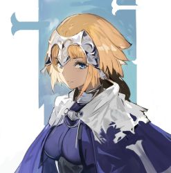 Rule 34 | 1girl, alchemaniac, armor, armored dress, blonde hair, blue cape, blue dress, blue eyes, braid, breasts, cape, capelet, chain, dress, fate/apocrypha, fate/grand order, fate (series), gauntlets, headpiece, highres, jeanne d&#039;arc (fate), jeanne d&#039;arc (ruler) (fate), large breasts, long braid, long hair, looking at viewer, single braid, smile, solo
