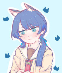 Rule 34 | :|, animal ear fluff, animal ears, blue eyes, blue hair, blue ribbon, blush, brown cardigan, brown dress, cardigan, cat symbol, closed mouth, dark blue hair, dot nose, dress, embarrassed, hasu no sora school uniform, highres, kemonomimi mode, link! like! love live!, long hair, long sleeves, looking to the side, love live!, low twintails, mole, mole on neck, murano sayaka, neckerchief, open cardigan, open clothes, outline, own hands together, red neckerchief, ribbon, sailor collar, sailor dress, school uniform, simple background, sweat, sweatdrop, tknn0403, twintails, white outline, white sailor collar