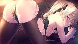 Rule 34 | 1girl, animal ears, anus, black hairband, black leotard, black pantyhose, black ribbon, blonde hair, blush, breasts, censored, closed mouth, clothing aside, fake animal ears, game cg, hair between eyes, hair ribbon, hairband, highres, kyokugen chikan tokuiten 2, leotard, leotard aside, leotard pull, liza volkova, long hair, looking at viewer, looking back, m&amp;m, medium breasts, mosaic censoring, nipples, official art, pantyhose, pussy, rabbit ears, red eyes, ribbon, smile, solo, strapless, strapless leotard, torn clothes, torn pantyhose, twintails, wrist cuffs