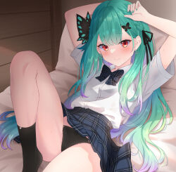 Rule 34 | 1girl, arms up, bed, black panties, black ribbon, black skirt, black socks, blush, bow, bowtie, braid, butterfly-shaped pupils, butterfly hair ornament, clothes lift, colored inner hair, commentary, crotch, earrings, gradient hair, green hair, green nails, hair between eyes, hair ornament, hair ribbon, heart, heart earrings, hololive, indoors, jewelry, knee up, kurono yuzuko, long hair, looking at viewer, lying, multicolored hair, official alternate costume, official alternate hairstyle, on bed, panties, plaid, plaid skirt, purple hair, red eyes, ribbon, school uniform, shirt, side braid, sidelocks, skirt, skirt lift, smile, socks, solo, sunlight, sweat, symbol-shaped pupils, underwear, uruha rushia, uruha rushia (school uniform), virtual youtuber, wall, white shirt, wooden wall