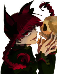 Rule 34 | 1girl, animal ears, black ribbon, blunt bangs, cat ears, cat tail, commentary request, dress, expressionless, extra ears, fangs, fingernails, frilled shirt collar, frilled sleeves, frills, green dress, hair ribbon, holding, holding skull, kaenbyou rin, karasaki, lips, long sleeves, looking at viewer, red eyes, red hair, ribbon, sharp fingernails, simple background, skull, solo, tail, touhou, tress ribbon, two side up, upper body, white background