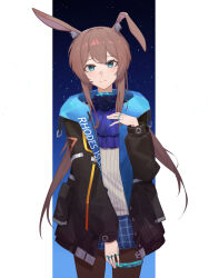 Rule 34 | 1girl, amiya (arknights), animal ears, arknights, ascot, black jacket, blue collar, blue eyes, blue jacket, blue skirt, blush, border, brown hair, brown pantyhose, closed mouth, clothes writing, collar, cowboy shot, e hun touzi, ear down, grey sweater, hand on own chest, hand up, highres, infection monitor (arknights), jacket, jewelry, long hair, long sleeves, looking at viewer, miniskirt, open clothes, open jacket, outside border, pantyhose, purple ascot, rabbit ears, rabbit girl, ring, sidelocks, skirt, sky, smile, solo, split mouth, standing, star (sky), starry sky, sweater, two-sided fabric, two-sided jacket, white border