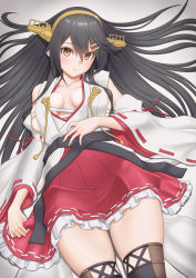 Rule 34 | 1girl, black hair, boots, brown eyes, commentary request, detached sleeves, hair ornament, hairband, hairclip, hand on own stomach, haruna (kancolle), headgear, highres, japanese clothes, kantai collection, long hair, looking at viewer, lying, pleated skirt, red skirt, ribbon-trimmed sleeves, ribbon trim, skirt, solo, t2r, thigh boots, thighhighs