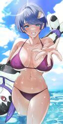 Rule 34 | 1girl, absurdres, bikini, blue eyes, blue hair, blue sky, blush, breasts, breasts apart, cloud, covered erect nipples, day, grin, hair ornament, hairpin, highres, inflatable toy, large breasts, lens flare, looking at viewer, navel, ocean, outdoors, outstretched arm, purple bikini, scheris adjani, scryed, short hair, skindentation, sky, smile, solo, stomach, swept bangs, swimsuit, tomo0843, wading, wet