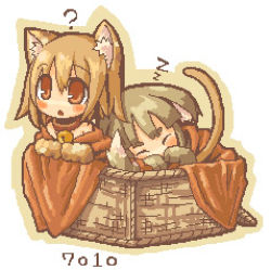 Rule 34 | 2girls, 7010, ?, animal ears, animal hands, artist name, basket, bell, blanket, blonde hair, blush, brown hair, cat ears, cat tail, chibi, closed eyes, collar, in container, jingle bell, looking away, lowres, multiple girls, neck bell, open mouth, pectorals, red eyes, sleeping, tail, zzz