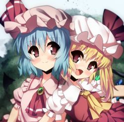 Rule 34 | 2girls, ascot, bad id, bad pixiv id, bat wings, blonde hair, blue hair, blush, brooch, dress, fang, female focus, flandre scarlet, hat, hat ribbon, jewelry, looking at viewer, multiple girls, open mouth, pink dress, puffy sleeves, red dress, red eyes, remilia scarlet, ribbon, short hair, short sleeves, siblings, side ponytail, sisters, smile, supershiruco, touhou, wings