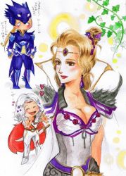 Rule 34 | 1990s (style), 1girl, 2boys, armor, blonde hair, breasts, brown hair, cain highwind, cape, cecil harvey, cleavage, earrings, closed eyes, final fantasy, final fantasy iv, happy, helmet, imouto hitori, jewelry, leotard, long hair, multiple boys, open mouth, ponytail, rosa farrell, shoulder pads, silver hair, sword, tiara, weapon