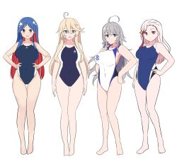Rule 34 | 4girls, absurdres, ahoge, blonde hair, blue one-piece swimsuit, brown eyes, green eyes, grey eyes, grey hair, hair ornament, highres, iowa (kancolle), kantai collection, massachusetts (kancolle), multicolored hair, multiple girls, noruren, one-piece swimsuit, pink hair, red eyes, simple background, south dakota (kancolle), star (symbol), star hair ornament, swimsuit, two-tone hair, washington (kancolle), white background, white one-piece swimsuit