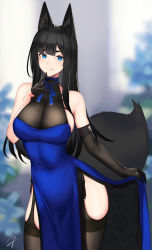 Rule 34 | 1girl, :q, animal ears, asymmetrical gloves, bare shoulders, black-haired fox girl (hayabusa), black dress, black gloves, black hair, black thighhighs, blue dress, blue eyes, blue neckwear, breasts, clothes lift, contrapposto, covered navel, dress, dress lift, elbow gloves, finger to mouth, fox ears, fox girl, fox shadow puppet, fox tail, garter straps, gloves, half gloves, hayabusa, highres, index finger raised, large breasts, lifted by self, looking at viewer, mole, mole on breast, mole under eye, original, pelvic curtain, see-through, side slit, sideboob, single elbow glove, smile, solo, tail, thighhighs, tongue, tongue out, two-tone dress, uneven gloves