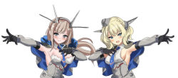 Rule 34 | 2girls, between breasts, black gloves, blonde hair, blue bow, blue capelet, blue eyes, blue necktie, bow, braid, breasts, capelet, colorado (kancolle), dress, elbow gloves, garrison cap, gloves, grey capelet, grey dress, grey eyes, grey headwear, hair bow, hat, headgear, kantai collection, light brown hair, long hair, low twintails, maryland (kancolle), medium breasts, mikagami kagari, multicolored capelet, multiple girls, necktie, necktie between breasts, shirt, short hair, side braids, sideboob, sleeveless, sleeveless shirt, twintails, upper body, white shirt