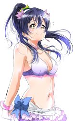 Rule 34 | 1girl, absurdres, arms behind back, bikini, blue hair, blush, flower, frilled bikini, frills, hibiscus, highres, long hair, looking at viewer, love live!, love live! school idol project, natsuiro egao de 1 2 jump!, ponytail, shogo (4274732), simple background, smile, solo, sonoda umi, swept bangs, swimsuit, white background, yellow eyes
