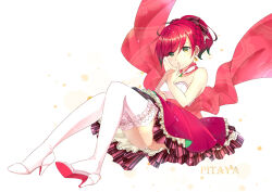 Rule 34 | 1girl, bare shoulders, commentary request, dragon fruit, dress, freckles, green eyes, hanakingyo, high heels, highres, index finger raised, looking at viewer, medium hair, original, parted lips, personification, red hair, red skirt, skirt, sleeveless, sleeveless dress, solo, thighhighs, white background, white footwear, white thighhighs