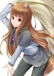 Rule 34 | 1girl, animal ears, brown hair, holding, holo, kirishima itsuki, long hair, looking at viewer, pants, pouch, red eyes, simple background, smile, solo, spice and wolf, tail, wolf ears, wolf tail