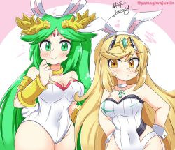 Rule 34 | 2girls, absurdres, animal ears, blonde hair, breasts, chest jewel, crossover, fake animal ears, green eyes, green hair, highres, kid icarus, large breasts, leotard, long hair, multiple girls, mythra (radiant beach) (xenoblade), mythra (xenoblade), nintendo, palutena, playboy bunny, rabbit ears, strapless, strapless leotard, super smash bros., swept bangs, undefined, very long hair, xenoblade chronicles (series), xenoblade chronicles 2, yamagiwajustin, yellow eyes